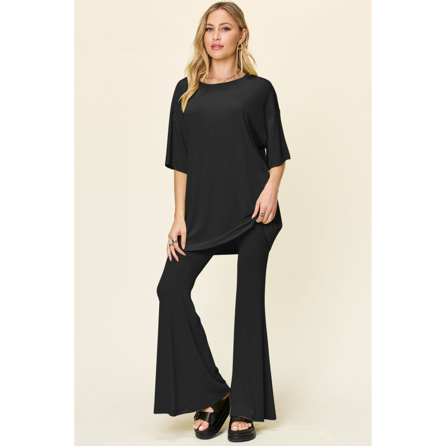 Double Take Full Size Round Neck Drop Shoulder T-Shirt and Flare Pants Set Black / S Apparel and Accessories