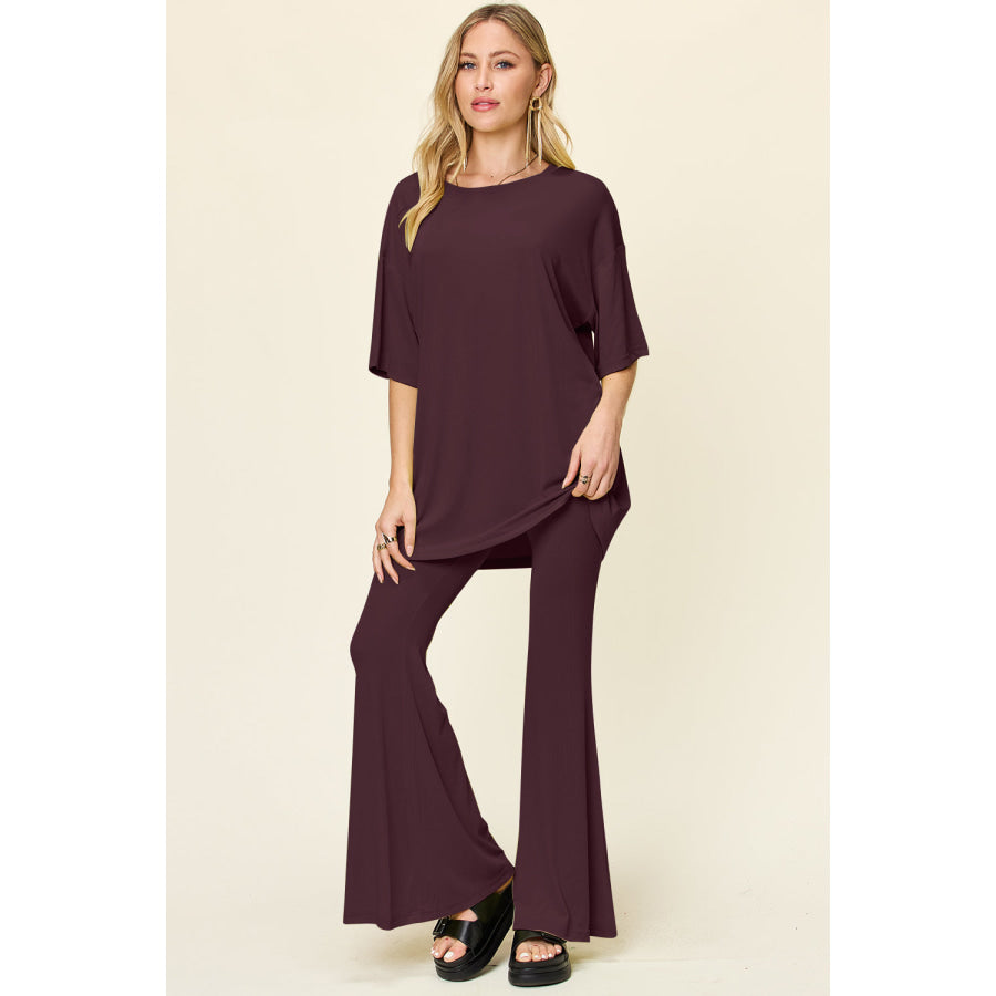 Double Take Full Size Round Neck Drop Shoulder T-Shirt and Flare Pants Set Deep Red / S Apparel and Accessories