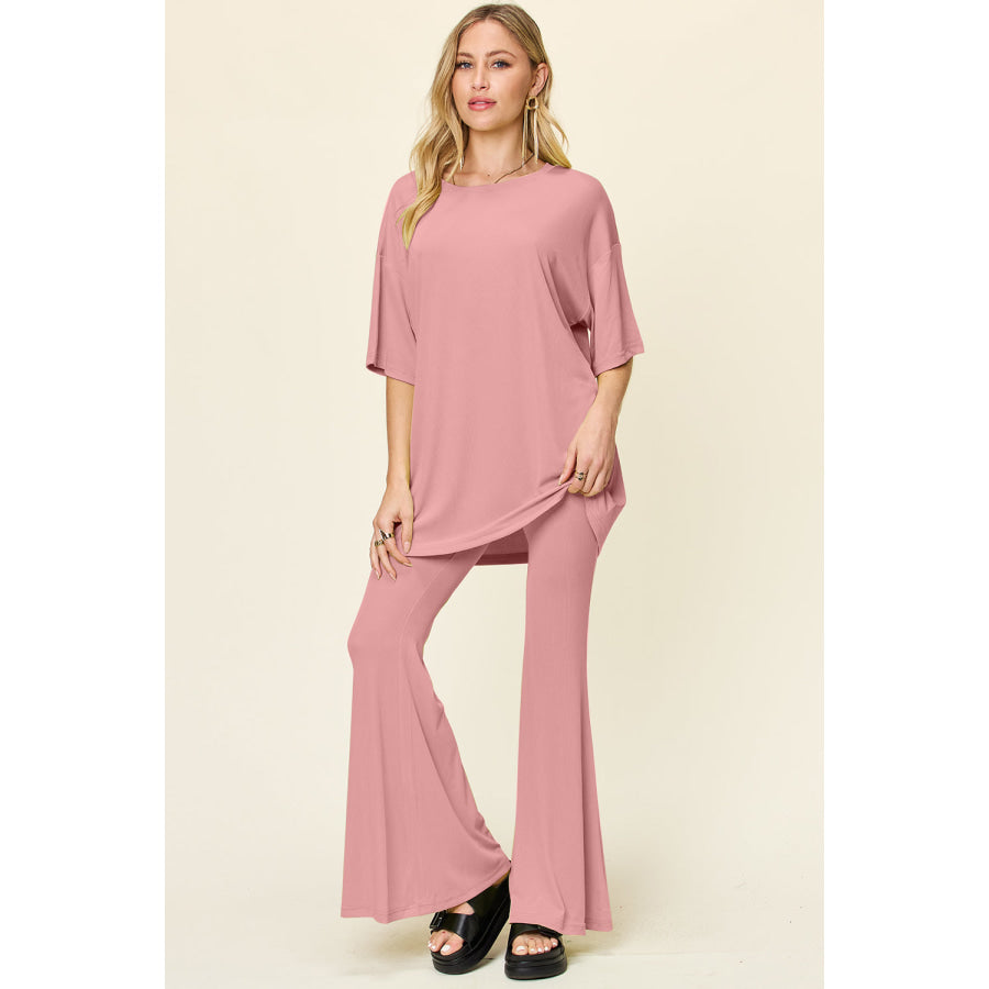 Double Take Full Size Round Neck Drop Shoulder T-Shirt and Flare Pants Set Dusty Pink / S Apparel and Accessories