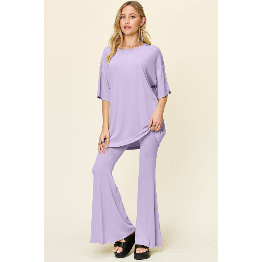 Double Take Full Size Round Neck Drop Shoulder T-Shirt and Flare Pants Set Lavender / S Apparel and Accessories