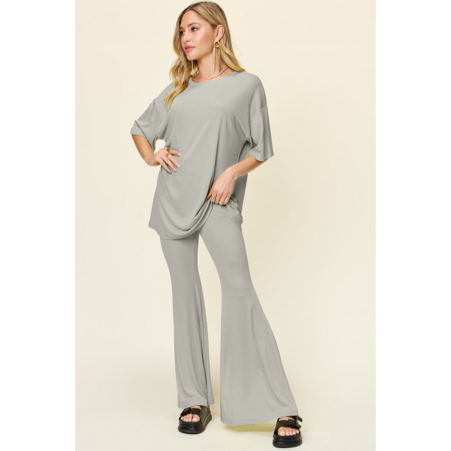 Double Take Full Size Round Neck Drop Shoulder T-Shirt and Flare Pants Set Light Gray / S Apparel and Accessories