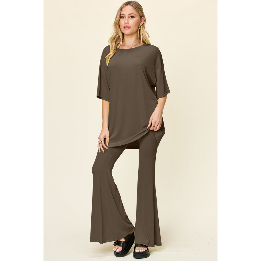 Double Take Full Size Round Neck Drop Shoulder T-Shirt and Flare Pants Set Mocha / S Apparel and Accessories