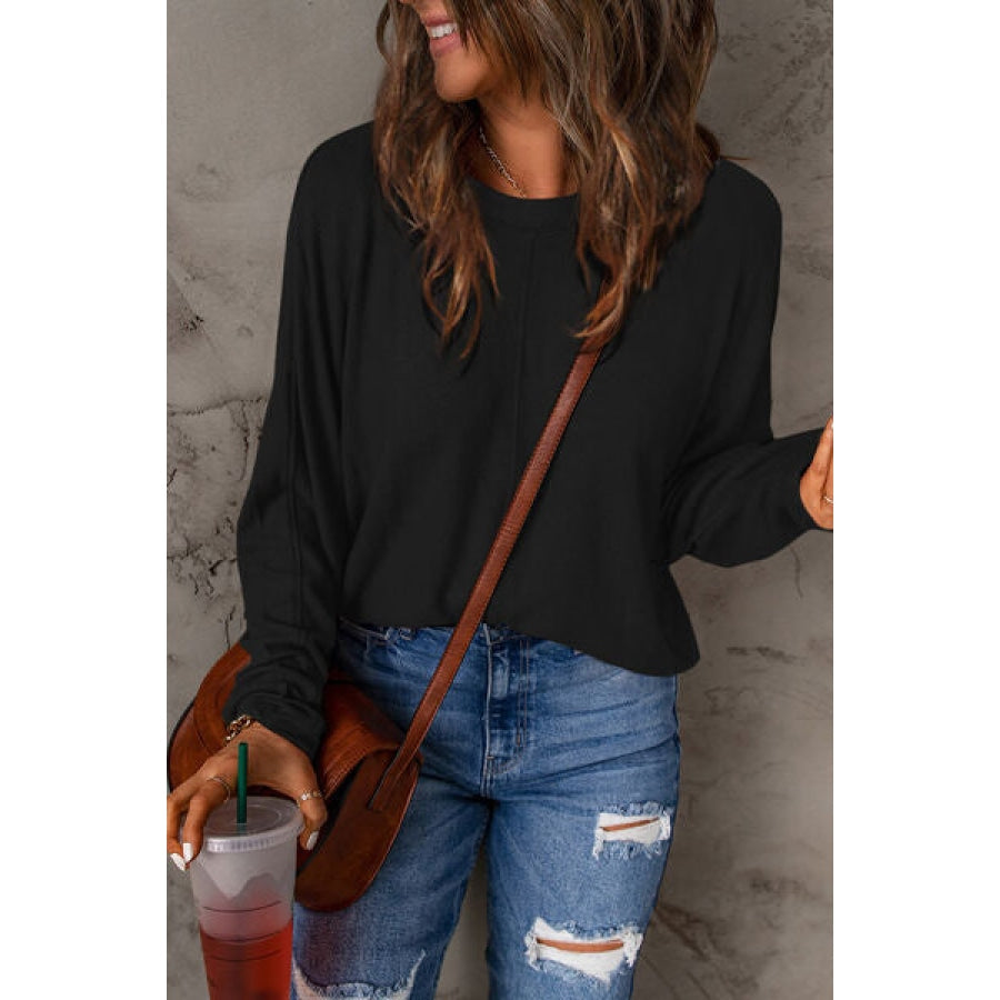 Double Take Full Size Round Neck Long Sleeve T-Shirt Black / S Clothing