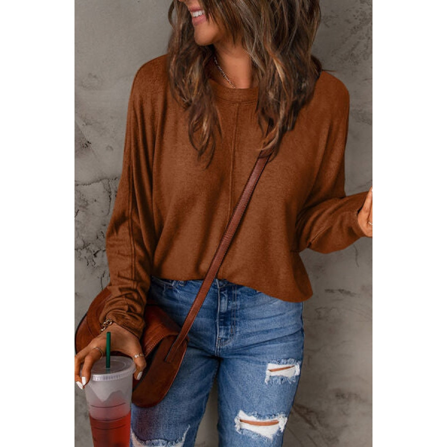 Double Take Full Size Round Neck Long Sleeve T-Shirt Caramel / S Clothing