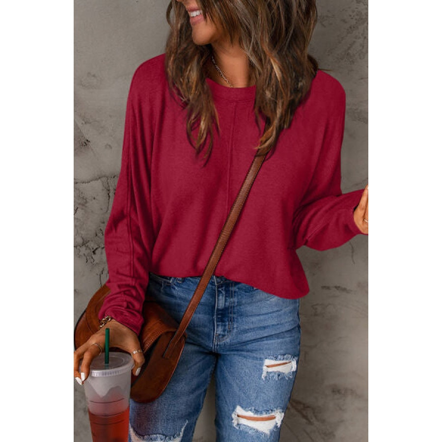 Double Take Full Size Round Neck Long Sleeve T-Shirt Deep Red / S Clothing