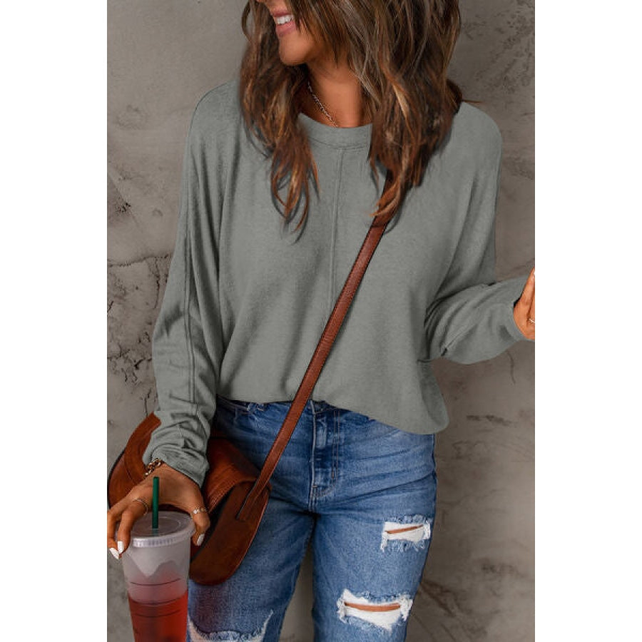Double Take Full Size Round Neck Long Sleeve T-Shirt Heather Gray / S Clothing