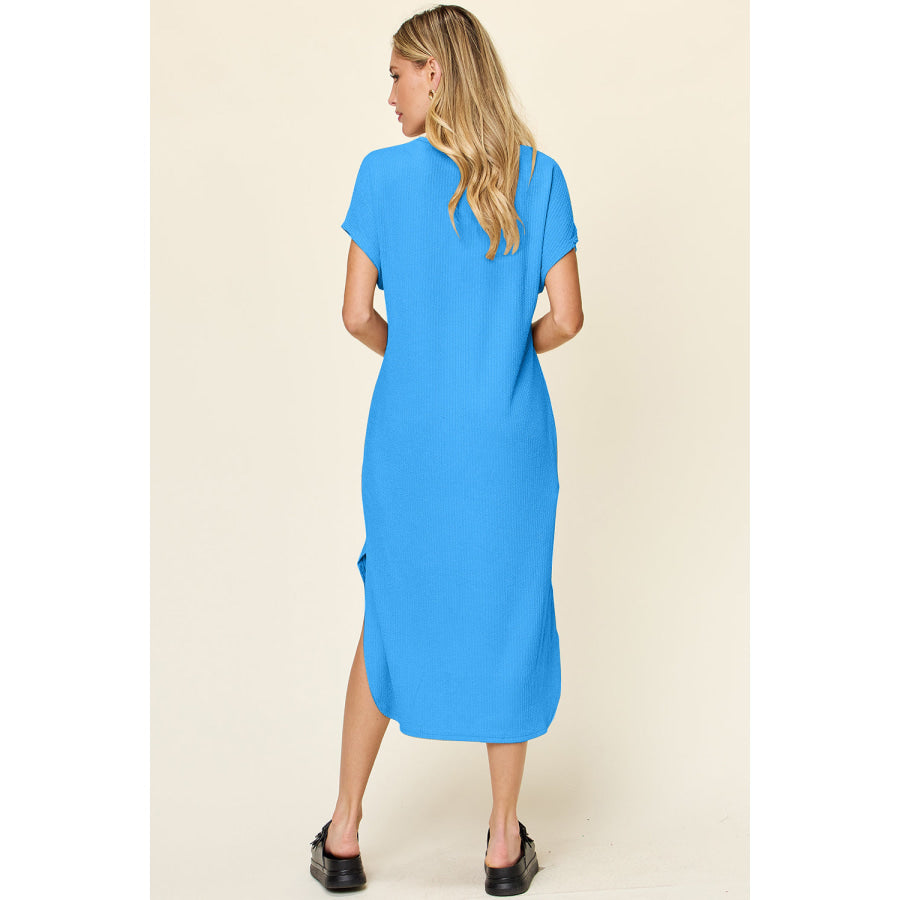 Double Take Full Size Round Neck Short Sleeve Slit Dress Apparel and Accessories