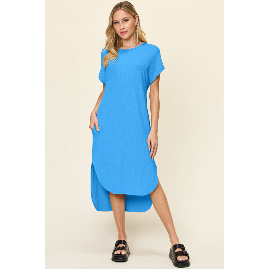 Double Take Full Size Round Neck Short Sleeve Slit Dress Sky Blue / S Apparel and Accessories
