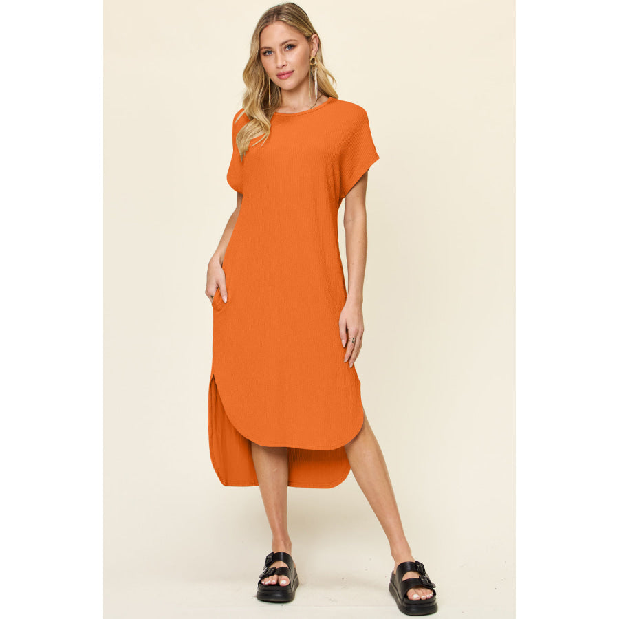 Double Take Full Size Round Neck Short Sleeve Slit Dress Tangerine / S Apparel and Accessories