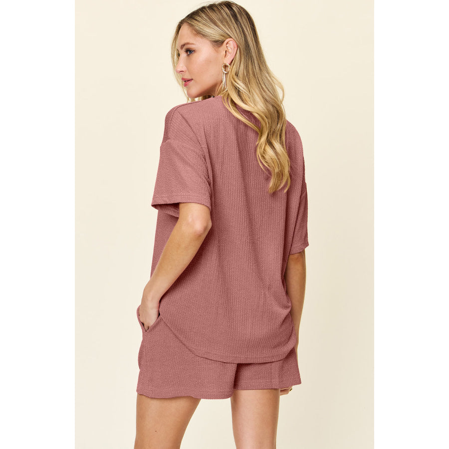 Double Take Full Size Round Neck Short Sleeve T-Shirt and Shorts Set Apparel and Accessories