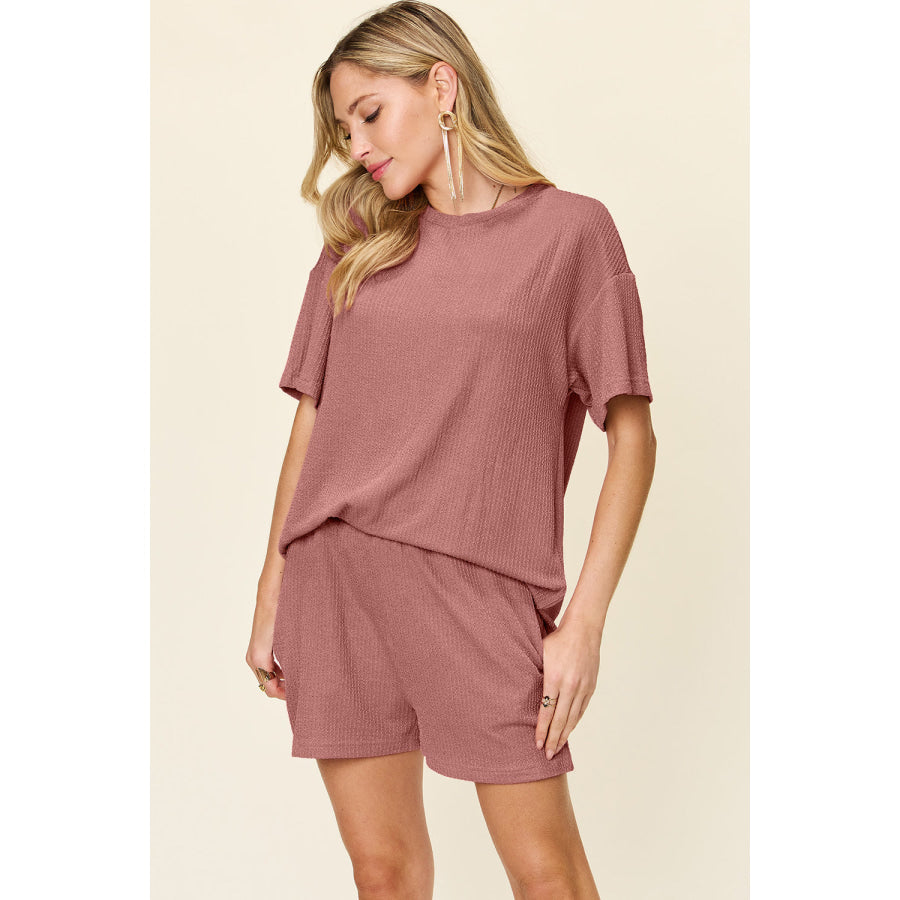 Double Take Full Size Round Neck Short Sleeve T-Shirt and Shorts Set Apparel and Accessories