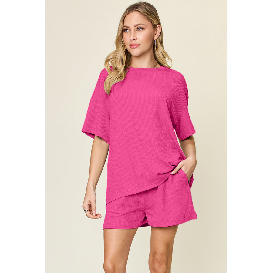 Double Take Full Size Round Neck Short Sleeve T-Shirt and Shorts Set Apparel and Accessories