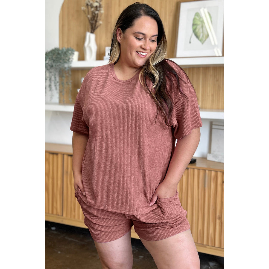 Double Take Full Size Round Neck Short Sleeve T-Shirt and Shorts Set Apparel and Accessories