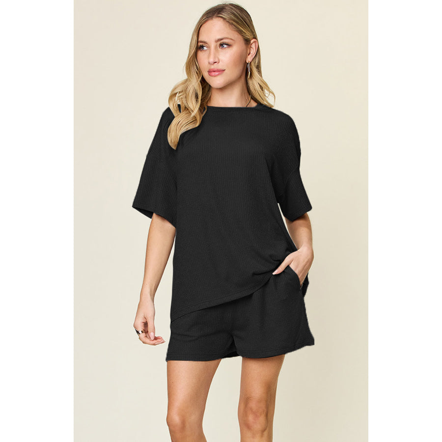 Double Take Full Size Round Neck Short Sleeve T-Shirt and Shorts Set Black / S Apparel and Accessories