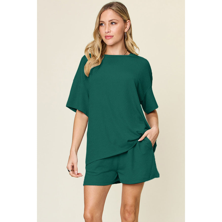 Double Take Full Size Round Neck Short Sleeve T-Shirt and Shorts Set Deep Teal / S Apparel and Accessories