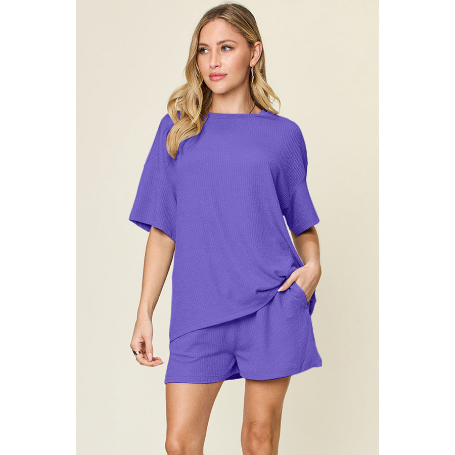 Double Take Full Size Round Neck Short Sleeve T-Shirt and Shorts Set Light Indigo / S Apparel and Accessories