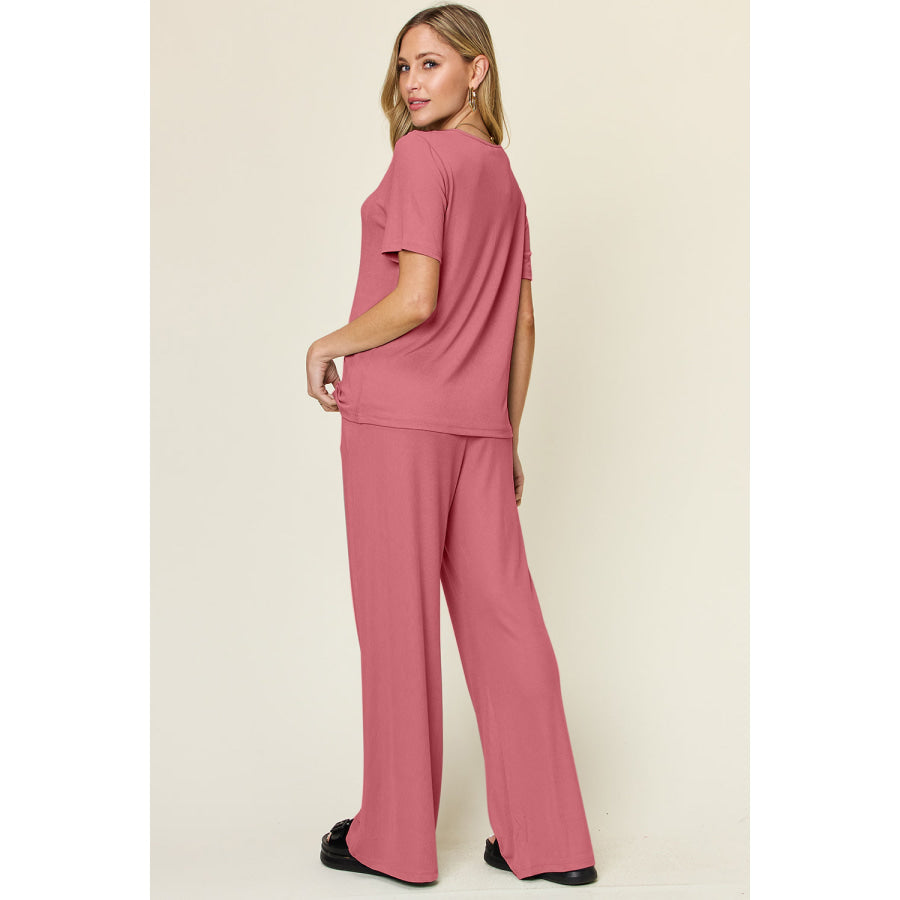 Double Take Full Size Round Neck Short Sleeve T-Shirt and Wide Leg Pants Set Apparel and Accessories