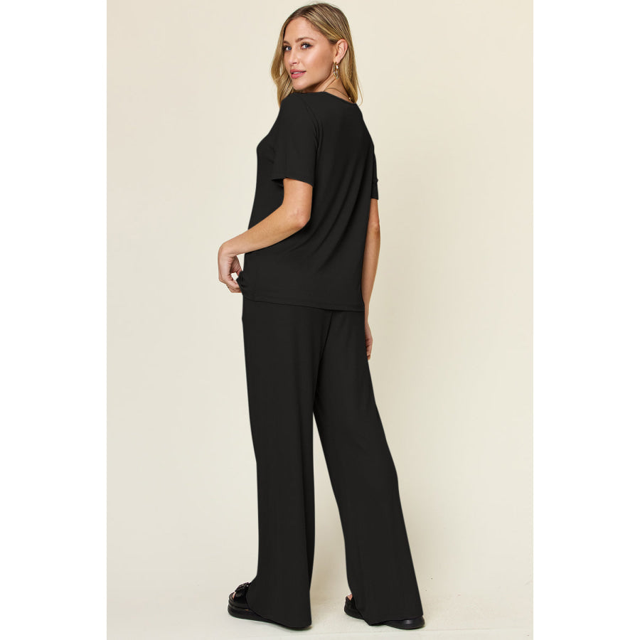 Double Take Full Size Round Neck Short Sleeve T-Shirt and Wide Leg Pants Set Apparel and Accessories