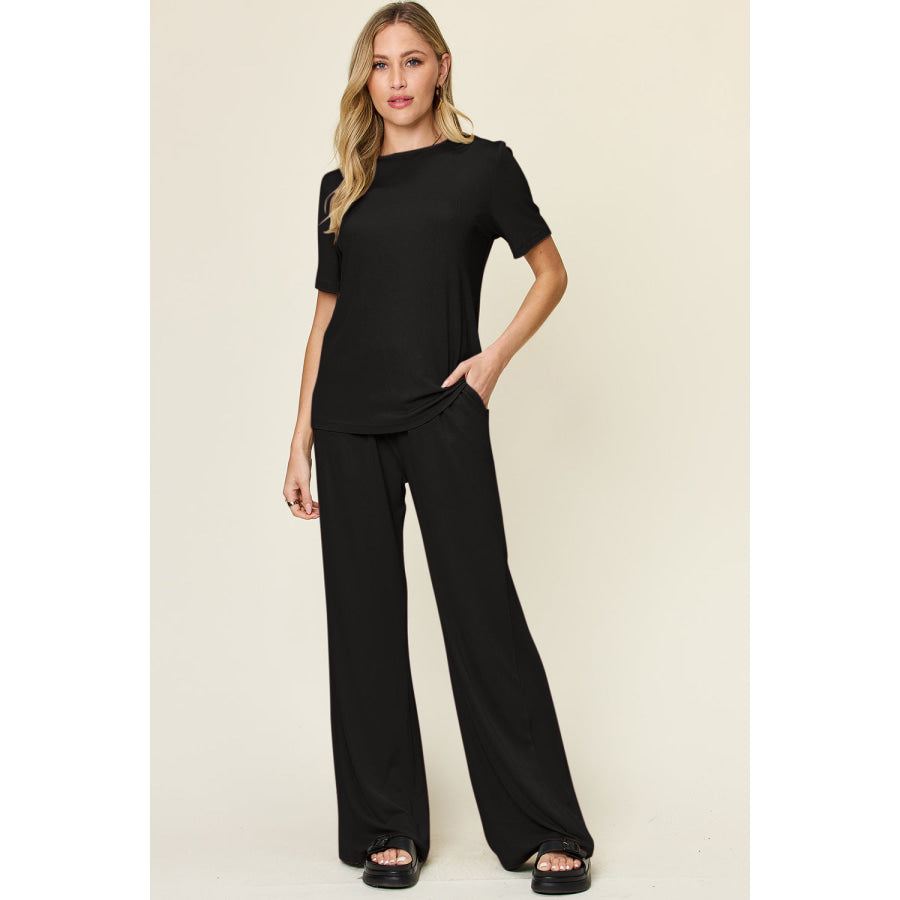 Double Take Full Size Round Neck Short Sleeve T-Shirt and Wide Leg Pants Set Black / S Apparel and Accessories