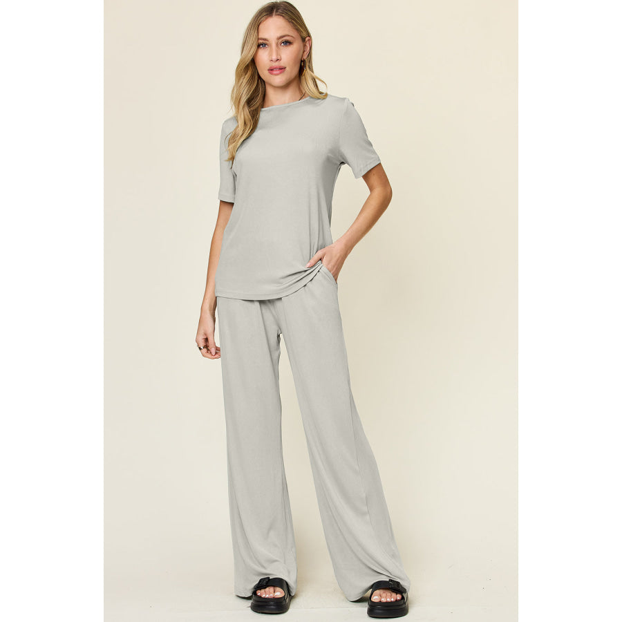 Double Take Full Size Round Neck Short Sleeve T-Shirt and Wide Leg Pants Set Light Gray / S Apparel and Accessories