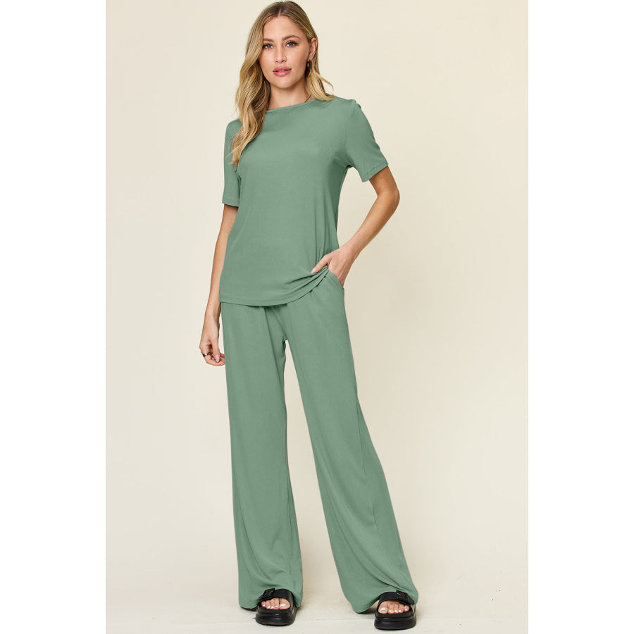 Double Take Full Size Round Neck Short Sleeve T-Shirt and Wide Leg Pants Set Light Green / S Apparel and Accessories