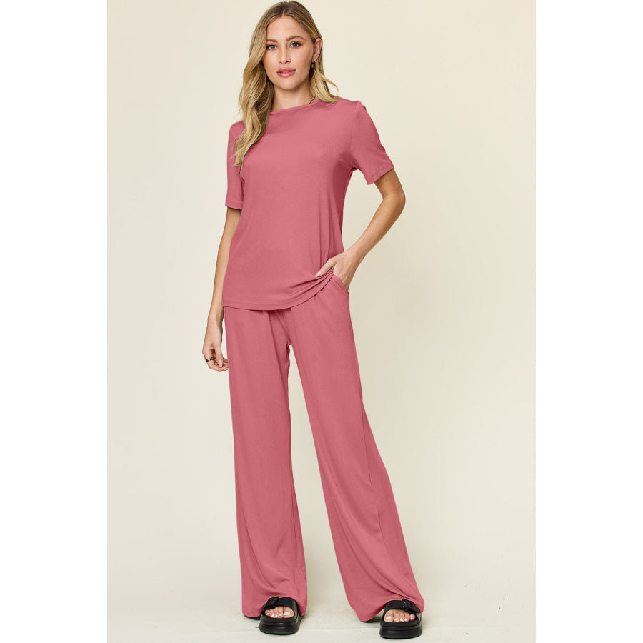 Double Take Full Size Round Neck Short Sleeve T-Shirt and Wide Leg Pants Set Pink Purple / S Apparel and Accessories