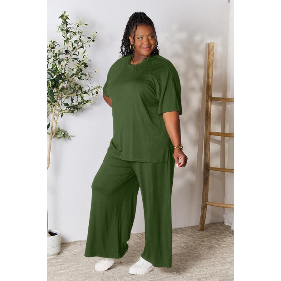 Double Take Full Size Round Neck Slit Top and Pants Set Army Green / S