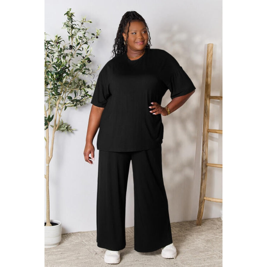 Double Take Full Size Round Neck Slit Top and Pants Set Black / S