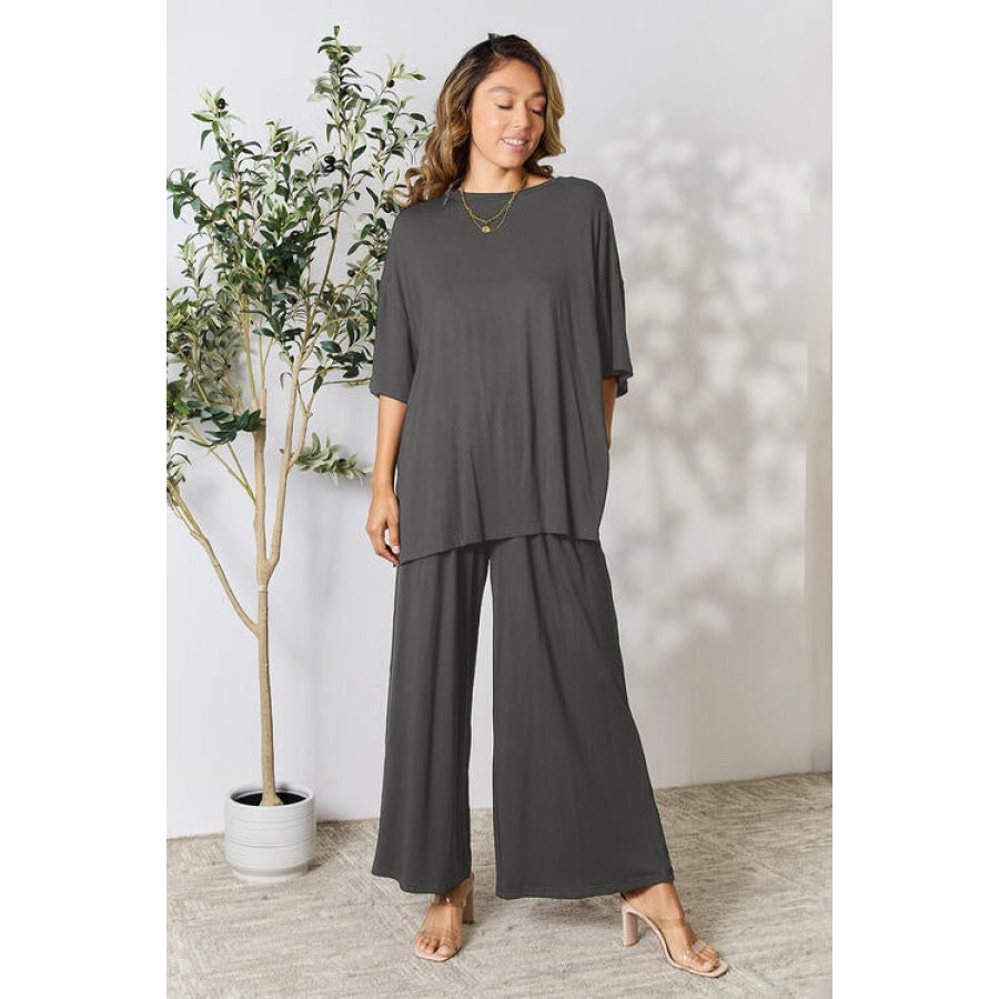 Double Take Full Size Round Neck Slit Top and Pants Set Charcoal / S