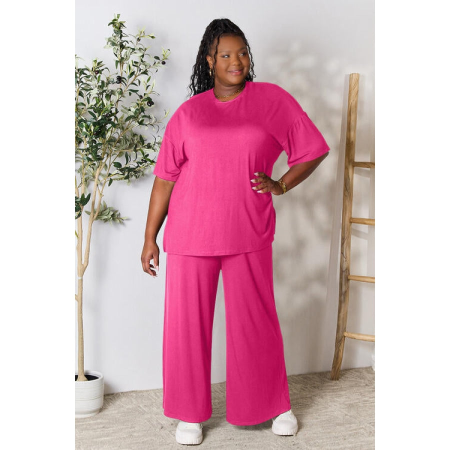 Double Take Full Size Round Neck Slit Top and Pants Set Hot Pink / S