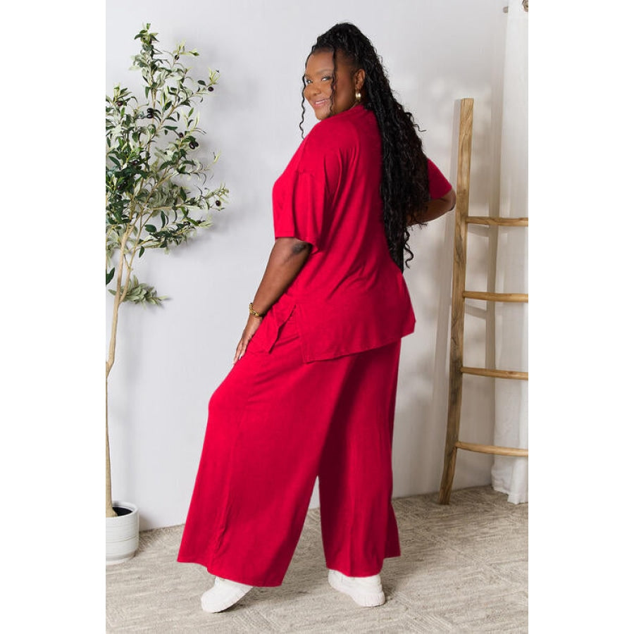 Double Take Full Size Round Neck Slit Top and Pants Set Red / S