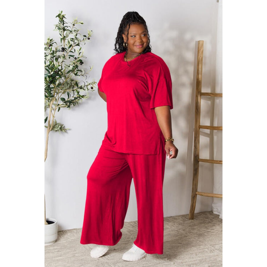 Double Take Full Size Round Neck Slit Top and Pants Set