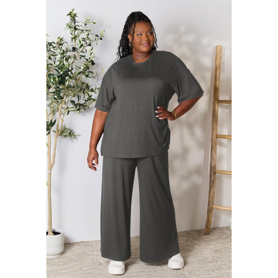 Double Take Full Size Round Neck Slit Top and Pants Set