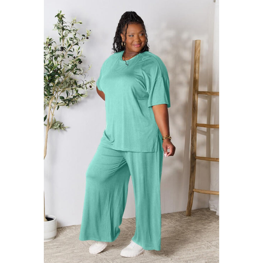 Double Take Full Size Round Neck Slit Top and Pants Set