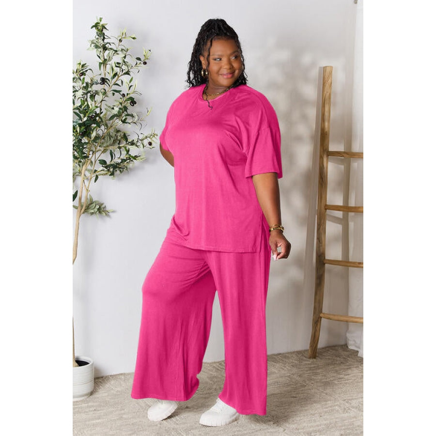 Double Take Full Size Round Neck Slit Top and Pants Set Hot Pink / S