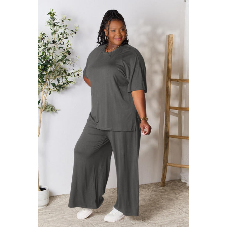 Double Take Full Size Round Neck Slit Top and Pants Set