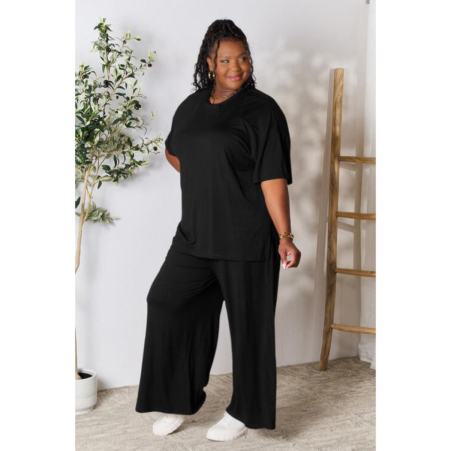 Double Take Full Size Round Neck Slit Top and Pants Set