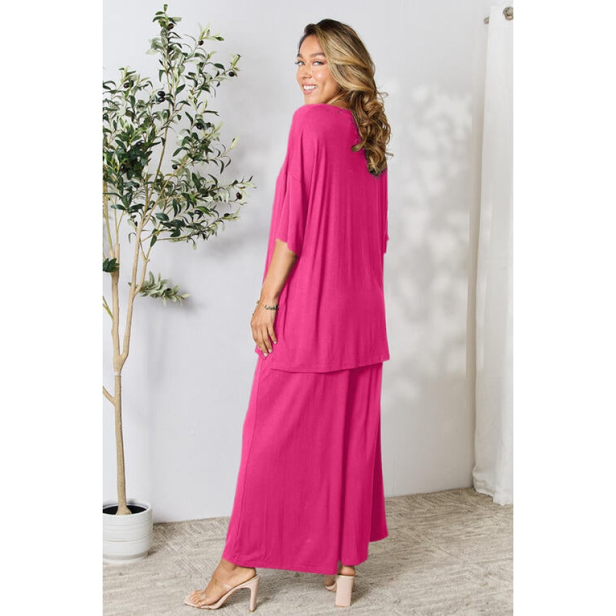 Double Take Full Size Round Neck Slit Top and Pants Set