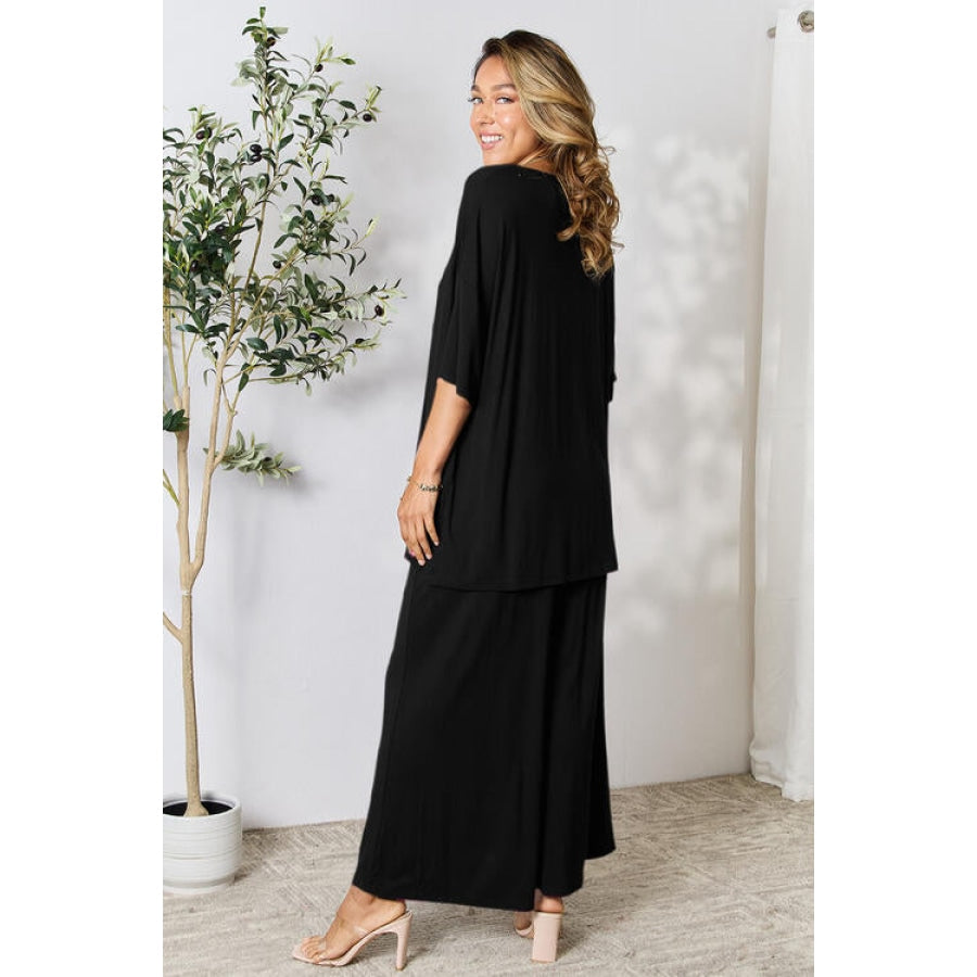 Double Take Full Size Round Neck Slit Top and Pants Set