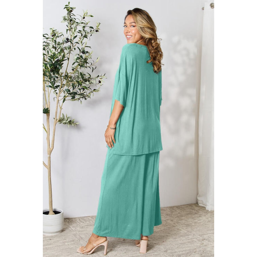 Double Take Full Size Round Neck Slit Top and Pants Set