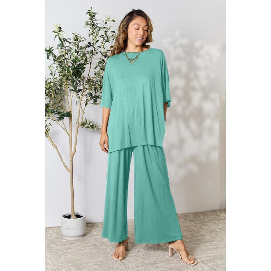 Double Take Full Size Round Neck Slit Top and Pants Set Turquoise / S