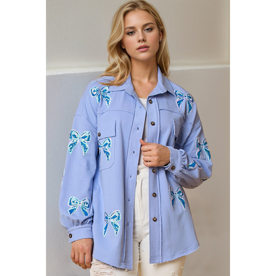 Double Take Full Size Sequin Bow Button Up Shacket Light Blue / S Apparel and Accessories