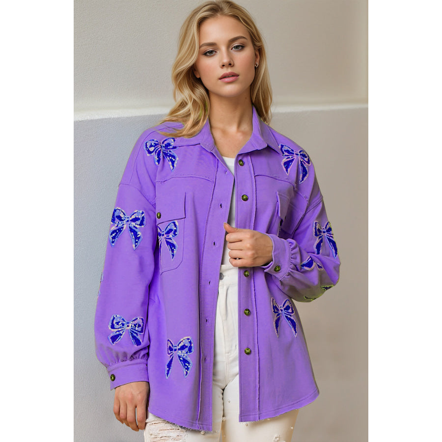 Double Take Full Size Sequin Bow Button Up Shacket Purple / S Apparel and Accessories