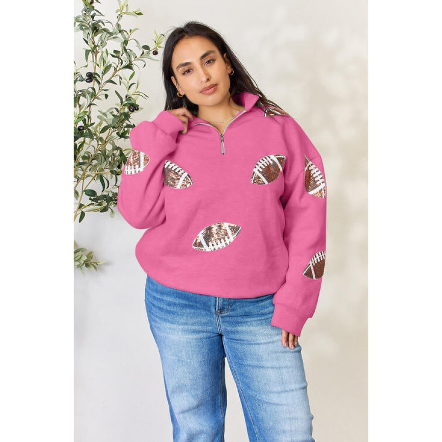 Double Take Full Size Sequin Football Half Zip Long Sleeve Sweatshirt Apparel and Accessories