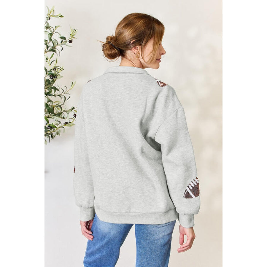 Double Take Full Size Sequin Football Half Zip Long Sleeve Sweatshirt Light Gray / S Apparel and Accessories
