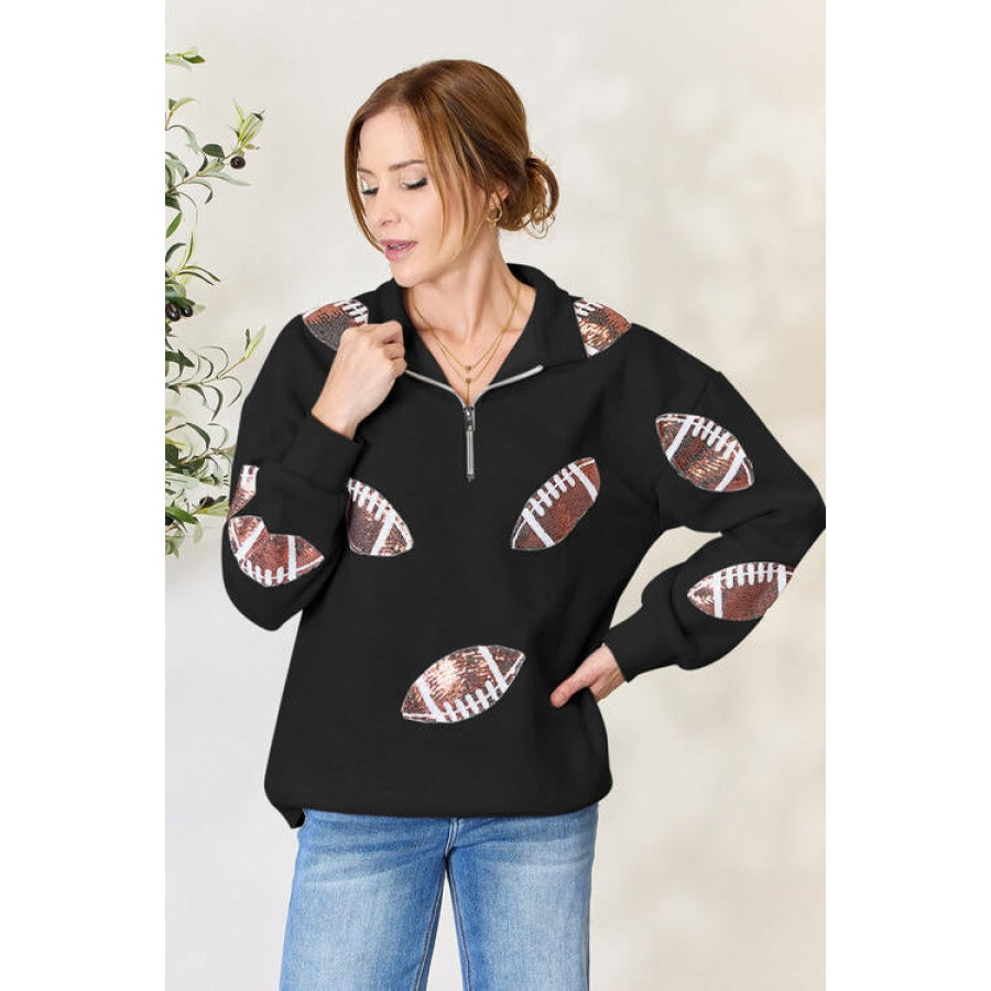 Double Take Full Size Sequin Football Half Zip Long Sleeve Sweatshirt Black / S Apparel and Accessories