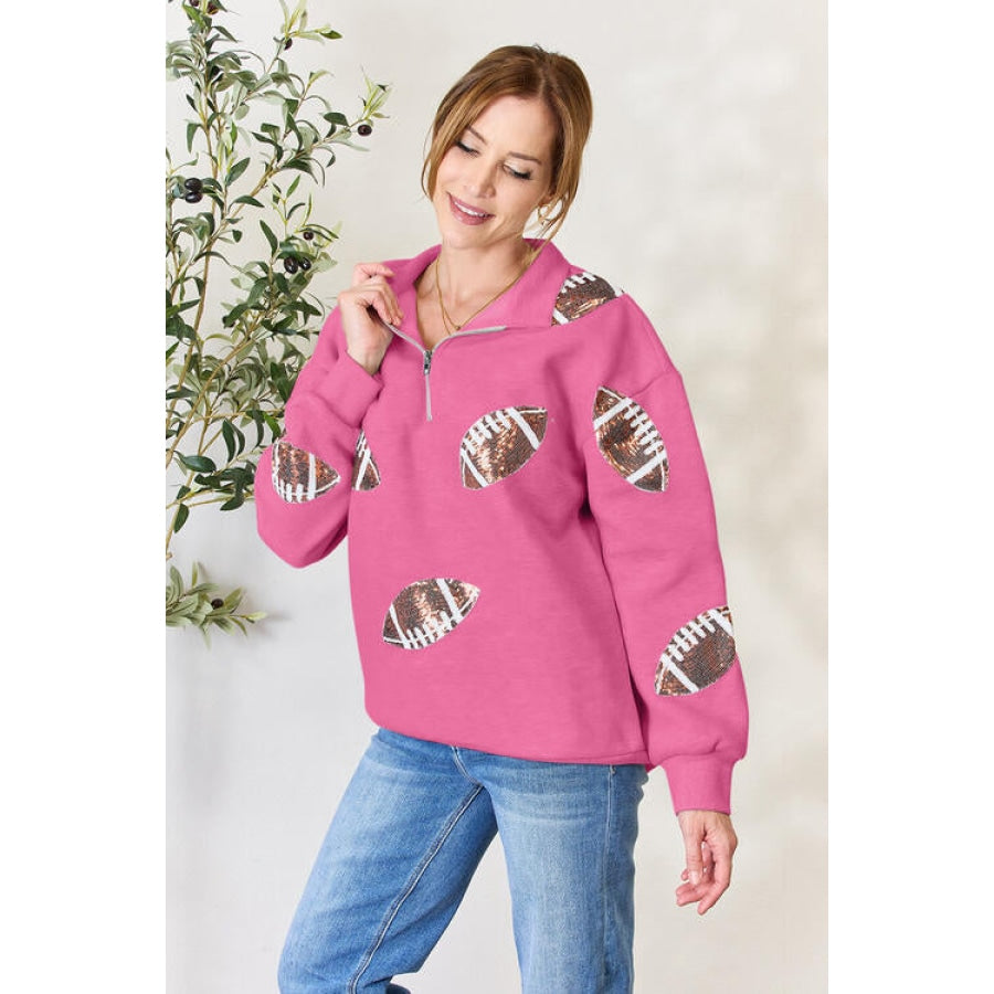 Double Take Full Size Sequin Football Half Zip Long Sleeve Sweatshirt Deep Rose / S Apparel and Accessories