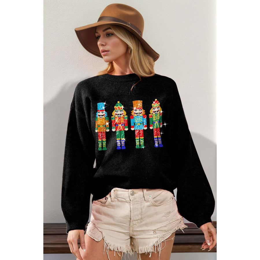 Double Take Full Size Sequin Nutcracker Long Sleeve Sweater Black / S/M Apparel and Accessories