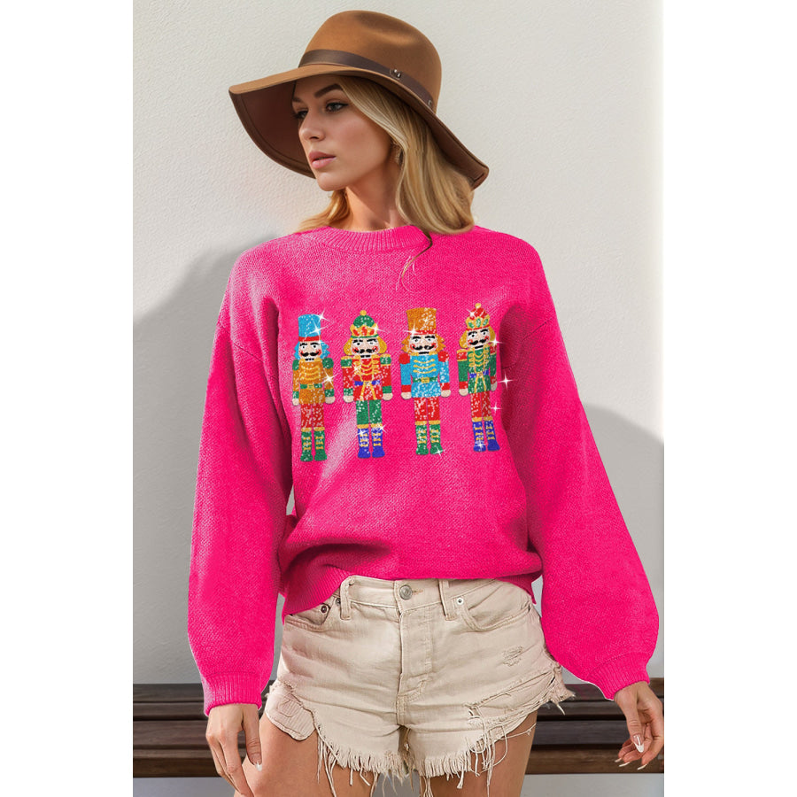 Double Take Full Size Sequin Nutcracker Long Sleeve Sweater Hot Pink / S/M Apparel and Accessories