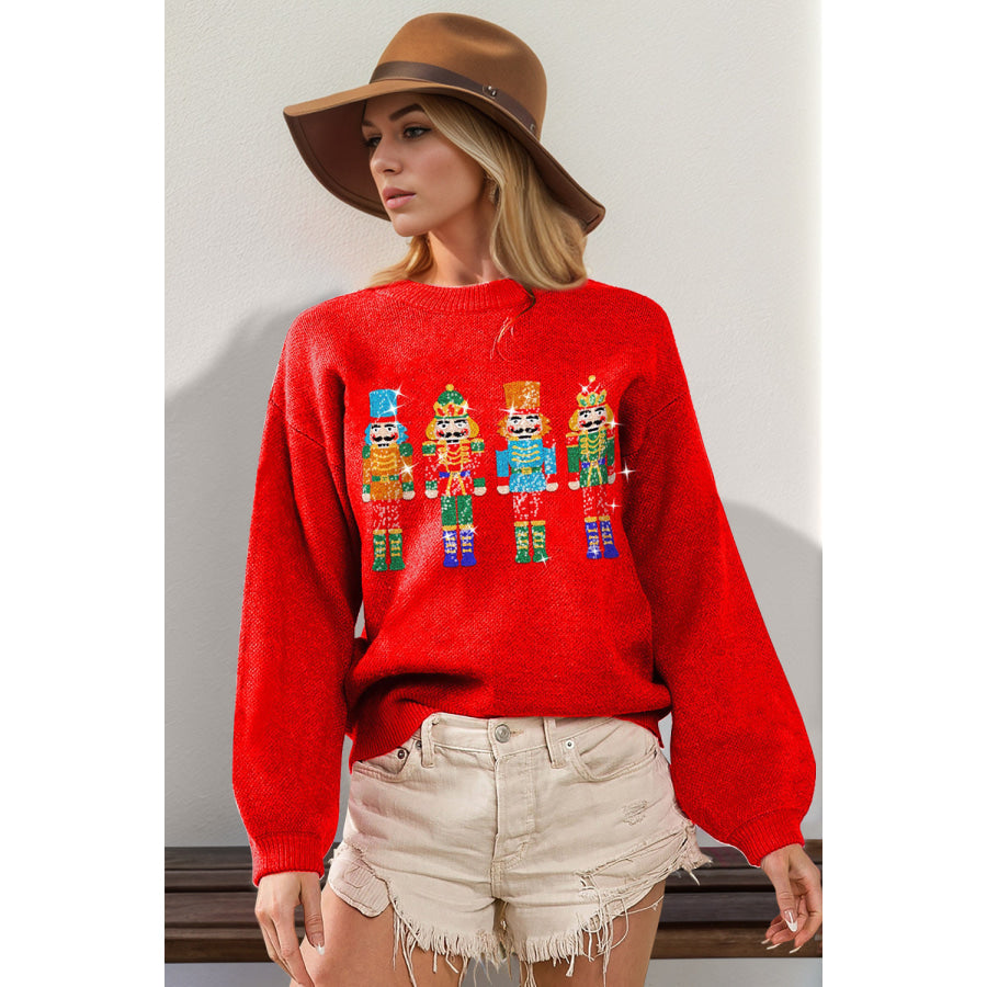 Double Take Full Size Sequin Nutcracker Long Sleeve Sweater Red / S/M Apparel and Accessories